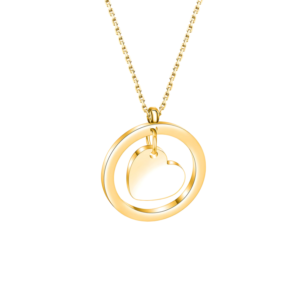Cherished Circle: Stainless Steel Round Pendant Necklace with Heart Charm with Personalised Engraving
