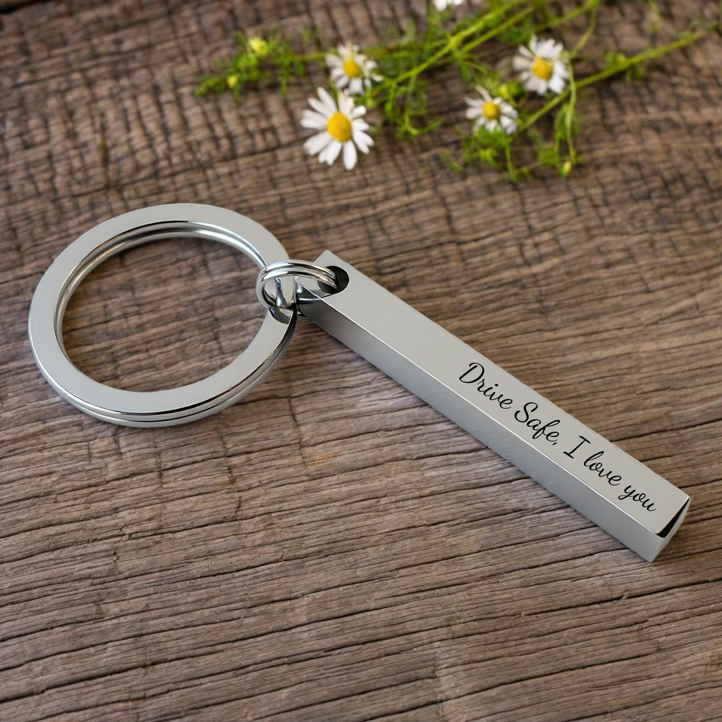 Stainless Steel 3D Bar Keyring with personalised message
