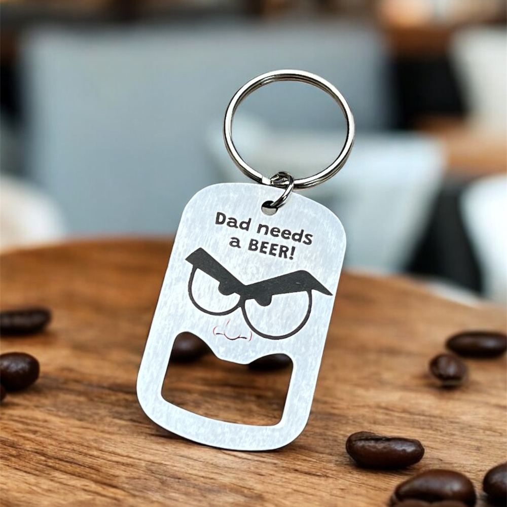 The Pocket Pop: Metal Bottle Opener Keyring with personalised engraving.