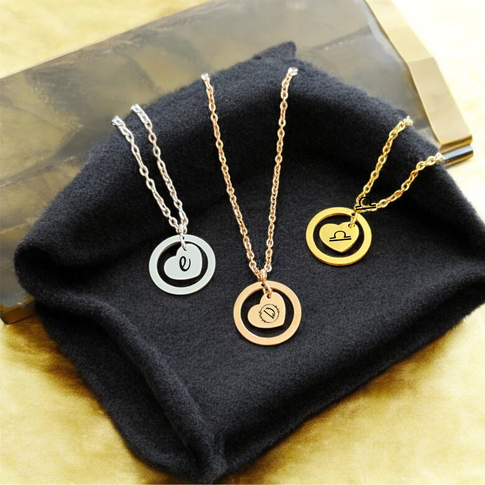 Cherished Circle: Stainless Steel Round Pendant Necklace with Heart Charm with Personalised Engraving