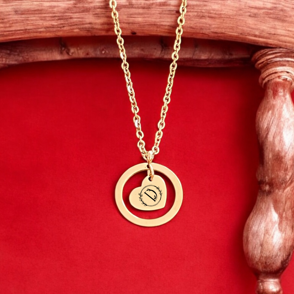 Cherished Circle: Stainless Steel Round Pendant Necklace with Heart Charm with Personalised Engraving