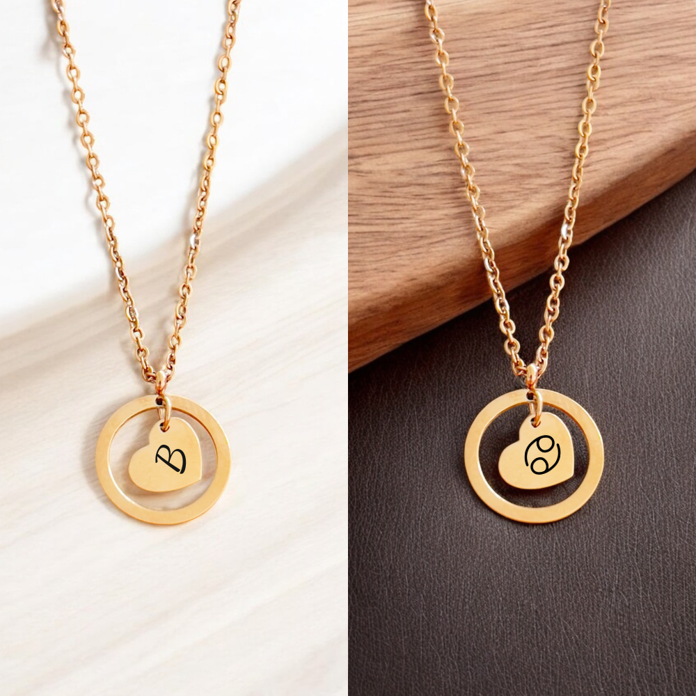 Cherished Circle: Stainless Steel Round Pendant Necklace with Heart Charm with Personalised Engraving